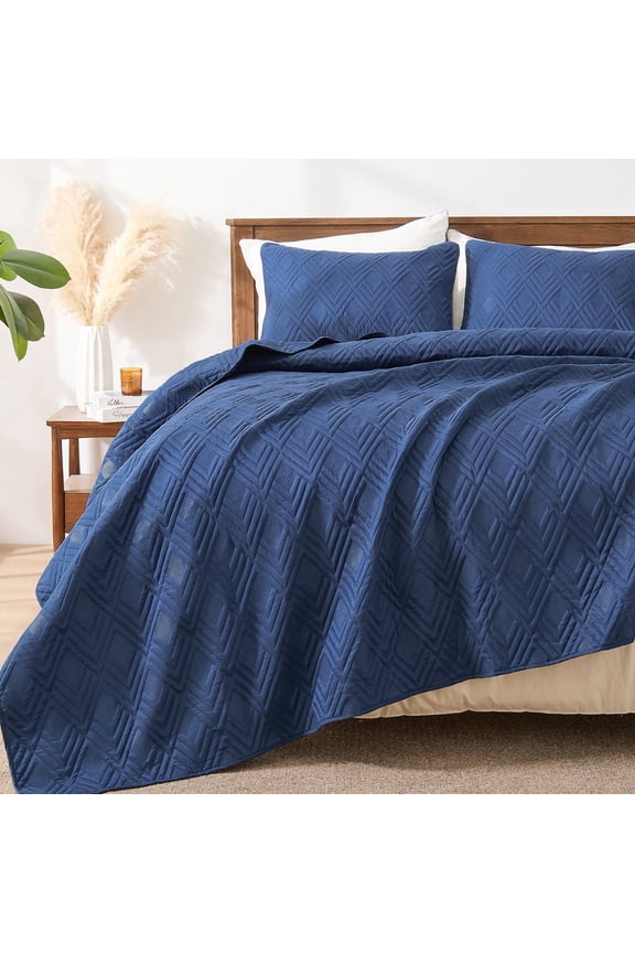 Quilts Twin Size Bedding Sets, Navy Blue Bedspread Soft Lightweight Pre-Washed Quilt, 2 Piece Cozy Reversible Microfiber Ultrasonic Coverlet with Pillow Sham (Diamond Pattern,66"x90")