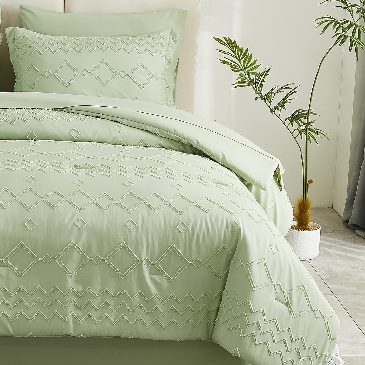 EMME 5 Piece Sage Green Boho Comforter Set, Microfiber Tufted Bedding ...