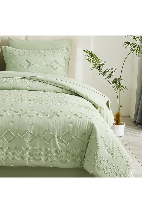 Boho Tufted 7 -Piece Bohemian Green Bedding Sets, Queen
