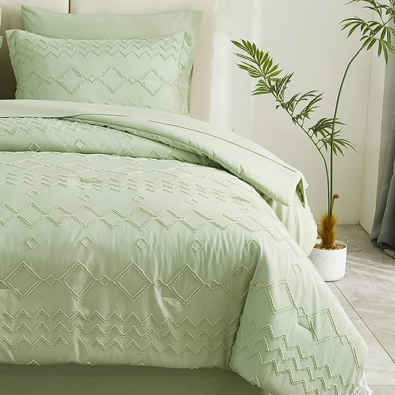 EMME Tufted Comforter Set Bed in A Bag 7 Piece, Microfiber Bedding Comforter with Sheets, Ultra Soft Comfortable Bedding Set for All Season Sage Green,King