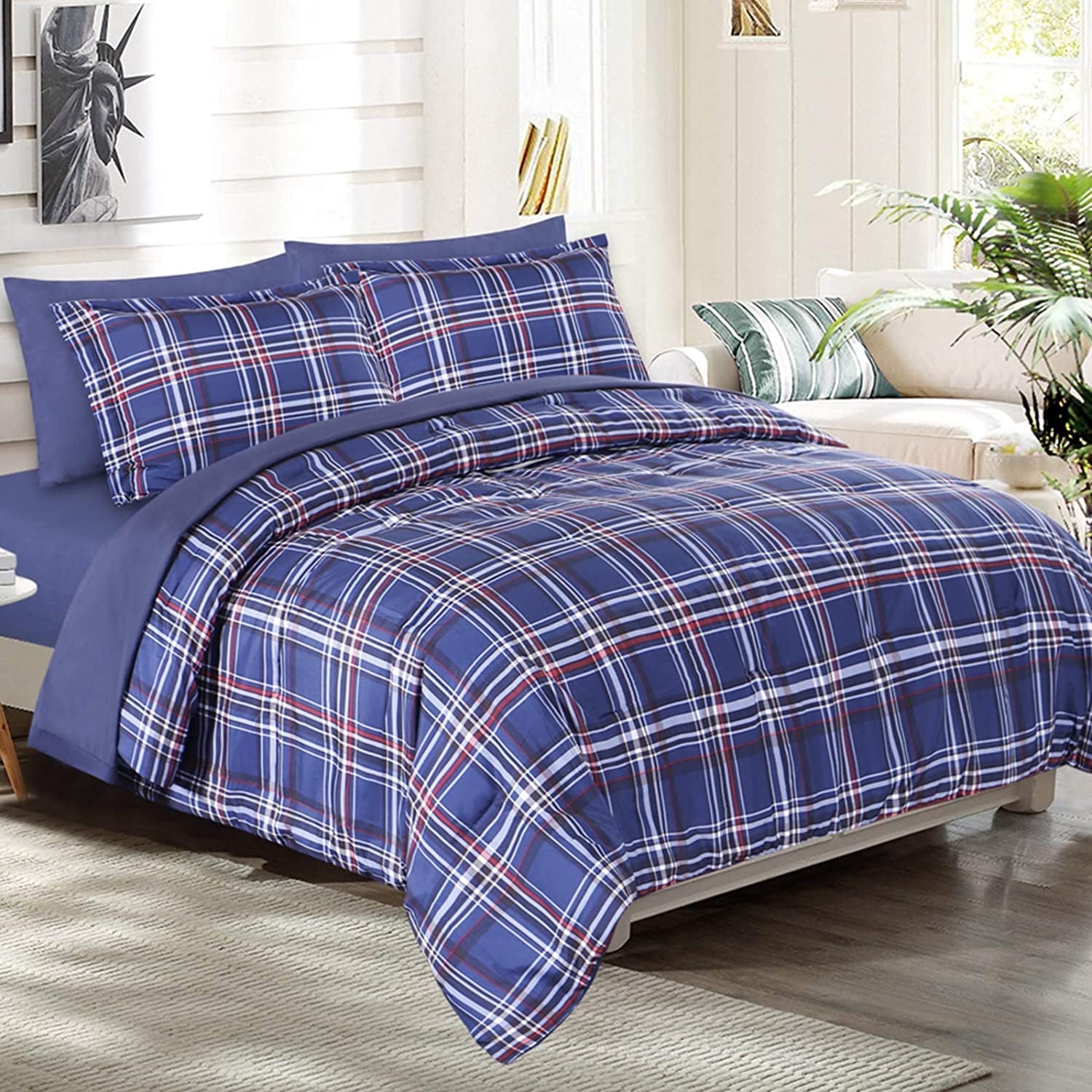 EMME Twin Bed in A Bag 5Piece, Blue Plaid Twin Comforter Set with