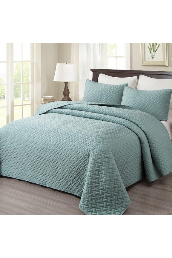 Twin Quilt Set Lightweight Bedspread Soft Microfiber Reversible Twin Size Comforter Set Lake Blue Coverlet 2 Piece Bedding Set Basket Weave Pattern for All Season