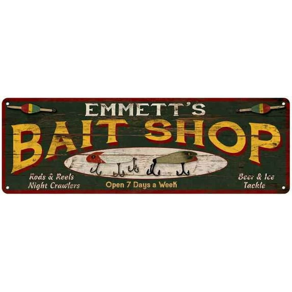 EMMETT'S Bait Shop Sign Wood Look Man Cave Den Gift 6x18 Metal 206180024499