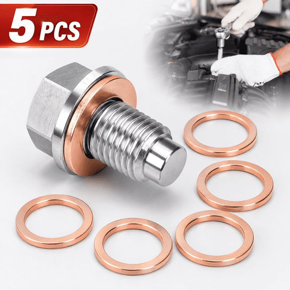 EMMILLY M14x1.5 Magnetic Oil Drain Plug, Magnetic Stainless Steel Oil Pan Drain Nut Bolt with 5PCS Copper Crush Washer Anti Leakage, Universal Leak-proof Replacement,Fits Most Cars,Motorcycles,Boats