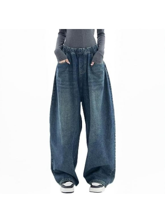 Women's High Rise Baggy Barrel Jeans Y2K Vintage Wide Leg Jeans with Elastic Waist Dark Wash Boyfriend Denim Pants