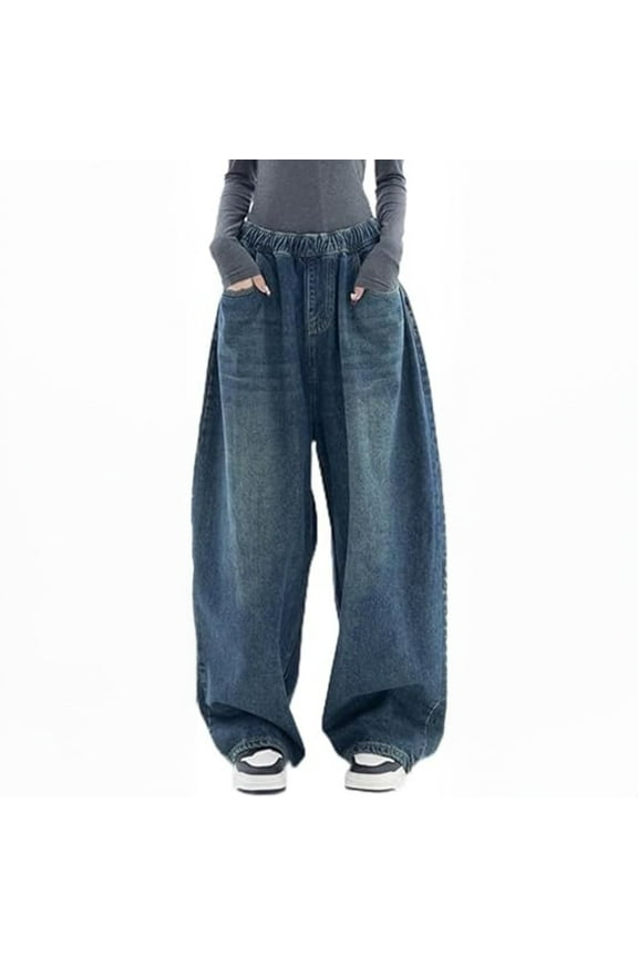 Women's High Rise Baggy Barrel Jeans Y2K Vintage Wide Leg Jeans with Elastic Waist Dark Wash Boyfriend Denim Pants