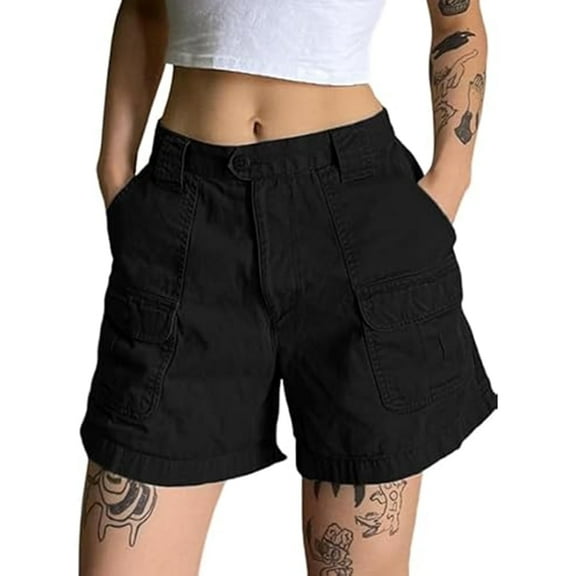 EMMIOL Women's Mid Waist Cargo Shorts Elastic Waist Casual Summer Cotton Shorts with Pockets