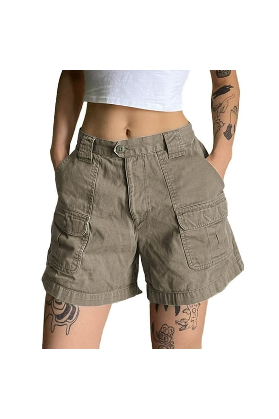 Women's Mid Waist Cargo Shorts Elastic Waist Casual Summer Cotton Shorts with Pockets