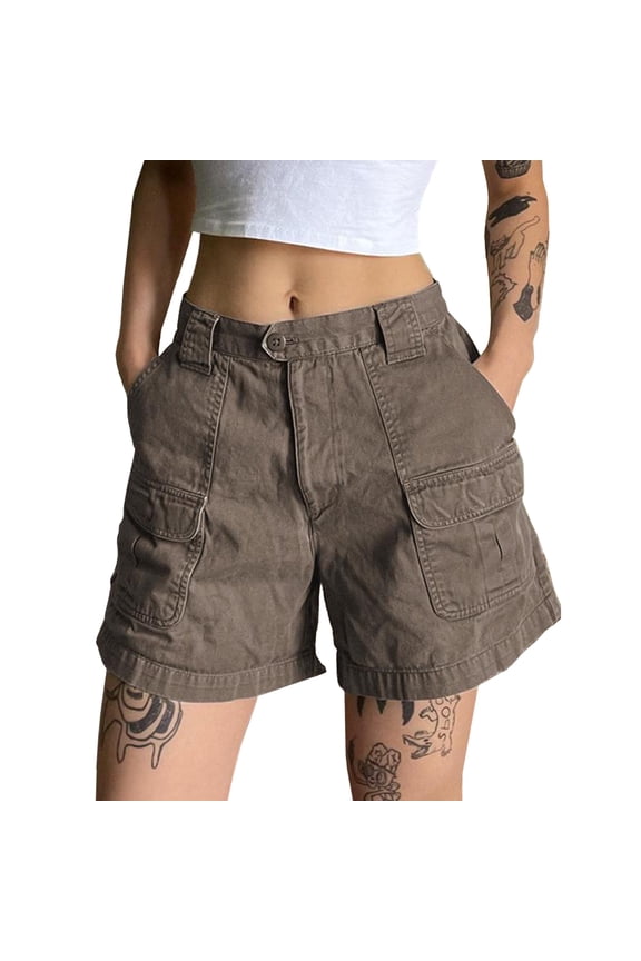 Women's Mid Waist Cargo Shorts Elastic Waist Casual Summer Cotton Shorts with Pockets