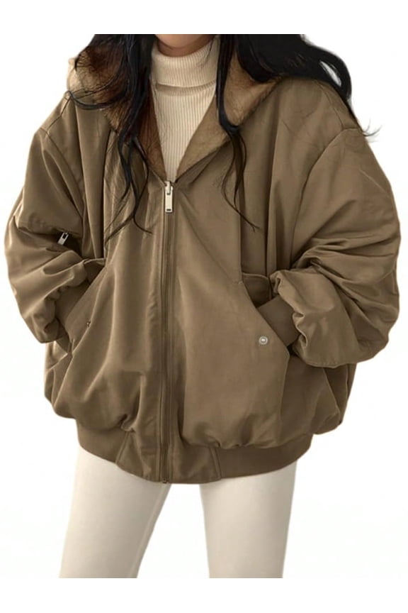 Christmas Women's Y2K Reversible Oversize Fleece Hooded Jacket Sherpa Lined Long Sleeve Zip-Up Puffer Jacket,2025 Winter Warm Coat