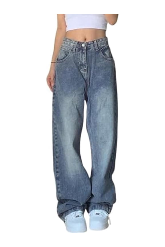 Women's Y2K Wide Leg Jeans Mid Rise Stretch Denim Pants 90s Vintage Baggy Boyfriend Relaxed Fit Jeans