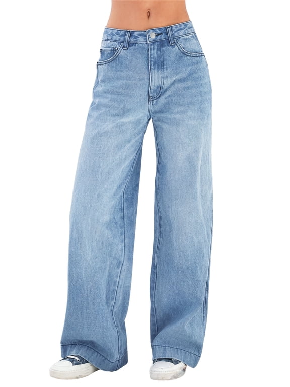 Women's Vintage Y2K Wide Leg Jeans 90s Baggy Boyfriend Style Denim Pants,High Rise Loose Fit Jeans