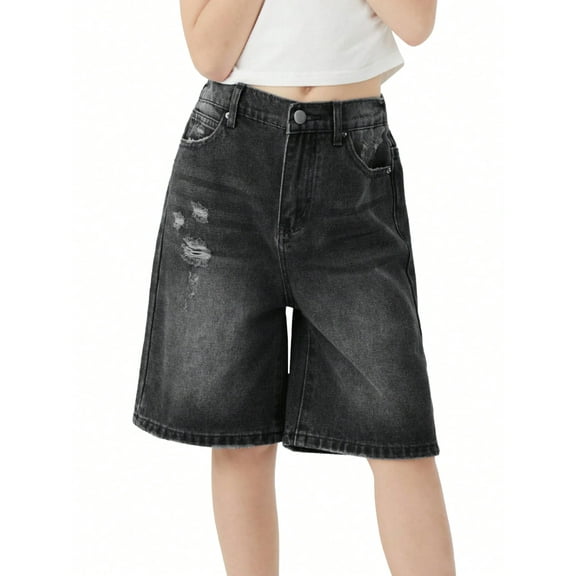 EMMIOL Girls Jeans Shorts Ripped Denim Bermuda Elastic Waist Bottom Cotton Summer Clothes for Kids