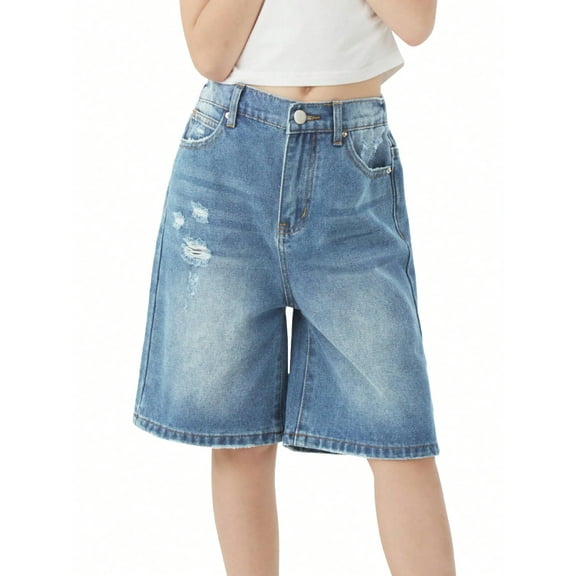 EMMIOL Girls Jeans Shorts Ripped Denim Bermuda Elastic Waist Bottom Cotton Summer Clothes for Kids