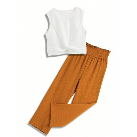 EMMIOL Girls' Summer 2026 Cute Outfits 2 Piece Tie Knot Crop Tops Wide Leg Long Pants Sets Suit Kids Clothes