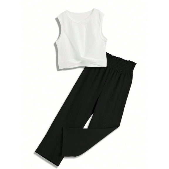 EMMIOL Girls' Summer 2026 Cute Outfits 2 Piece Tie Knot Crop Tops Wide Leg Long Pants Sets Suit Kids Clothes