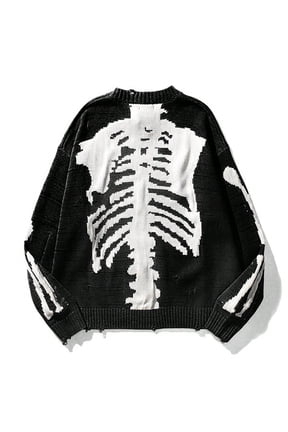 Skeleton Graphic Fall Sweater for Women Y2K Retro Black Long Sleeve Chunky Knit Pullover with Bone Print