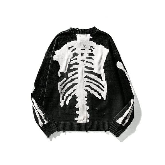 EMMIOL Skeleton Graphic Fall Sweater for Women Y2K Retro Black Long Sleeve Chunky Knit Pullover with Bone Print