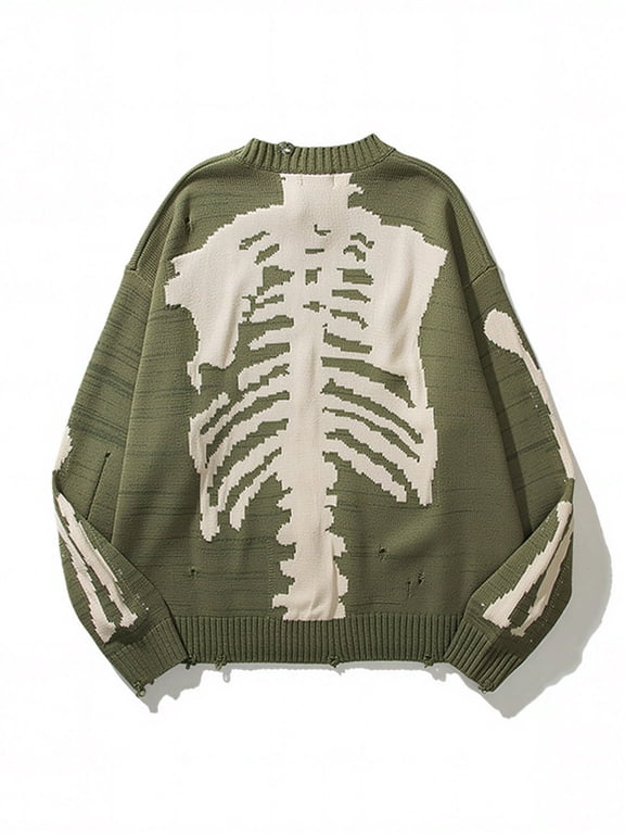 Skeleton Graphic Fall Sweater for Women Y2K Retro Black Long Sleeve Chunky Knit Pullover with Bone Print
