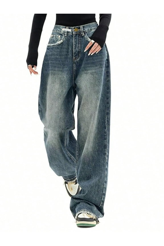 Women's Y2K Barrel Baggy Jeans Stretch High Waist Wide Leg Jeans Vintage Boyfriend Denim Pants