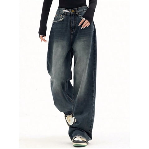 Women's Y2K Barrel Baggy Jeans Stretch High Waist Wide Leg Jeans Vintage Boyfriend Denim Pants
