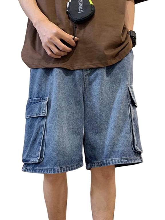 Men's Y2K Denim Shorts Mid Elastic Waist Baggy Jean Shorts Loose Fit Jorts Retro Hip Hop Shorts
