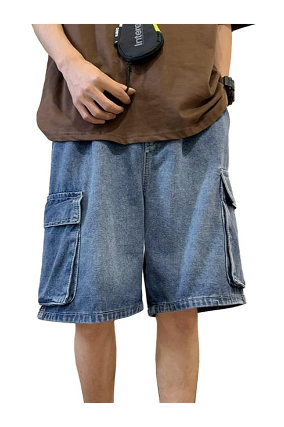 Men's Y2K Denim Shorts Mid Elastic Waist Baggy Jean Shorts Loose Fit Jorts Retro Hip Hop Shorts