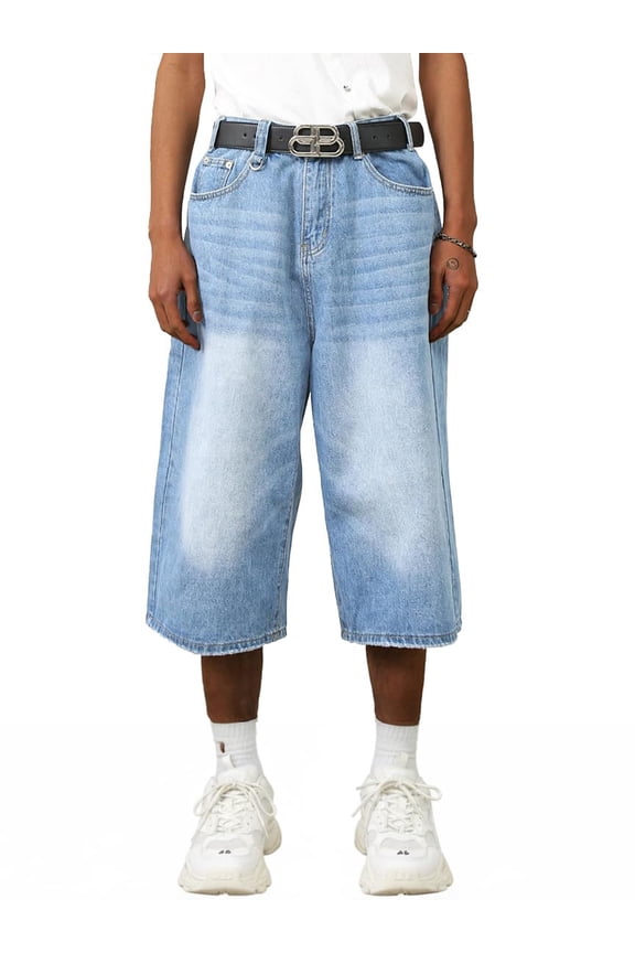 Men's Baggy Jean Denim Shorts Y2K Jorts Cargo Ripped Elastic Waist Casual Streetwear Summer