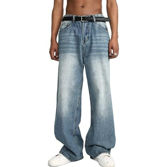 EMMIOL Men's Wide Leg Jeans Y2K Vintage Relaxed Fit Jeans with Distressed Details Hip Hop Streetwear