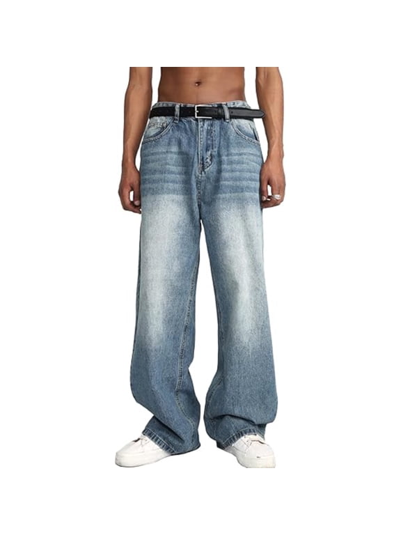 Men's Wide Leg Jeans Y2K Vintage Relaxed Fit Jeans with Distressed Details Hip Hop Streetwear