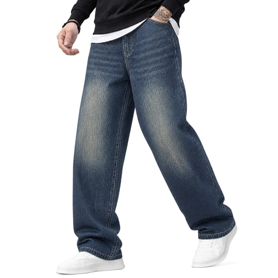 EMMIOL Men's Wide Leg Baggy Loose Fit Denim Jeans, Y2K Vintage Hip Hop 90s Streetwear