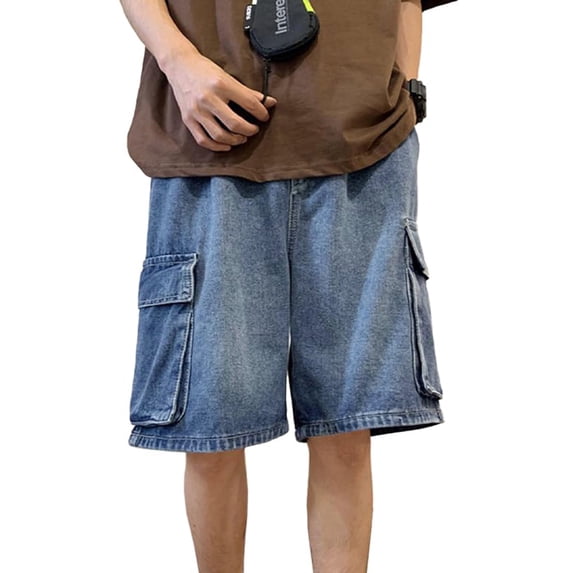 EMMIOL Men's Y2K Denim Shorts Mid Elastic Waist Baggy Jean Shorts Loose Fit Jorts Retro Hip Hop Shorts
