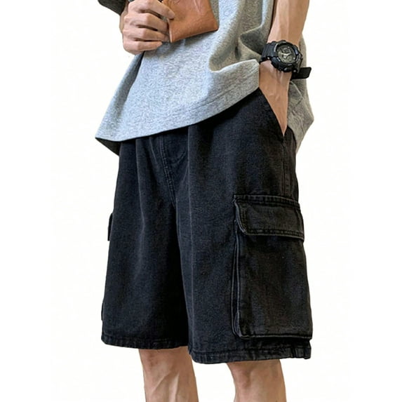 EMMIOL Men's Y2K Denim Shorts Mid Elastic Waist Baggy Jean Shorts Loose Fit Jorts Retro Hip Hop Shorts