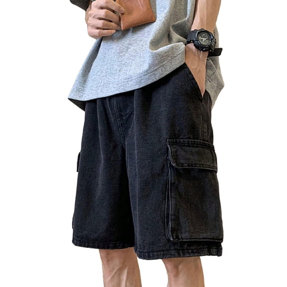 EMMIOL Men's Y2K Denim Shorts Mid Elastic Waist Baggy Jean Shorts Loose Fit Jorts Retro Hip Hop Shorts