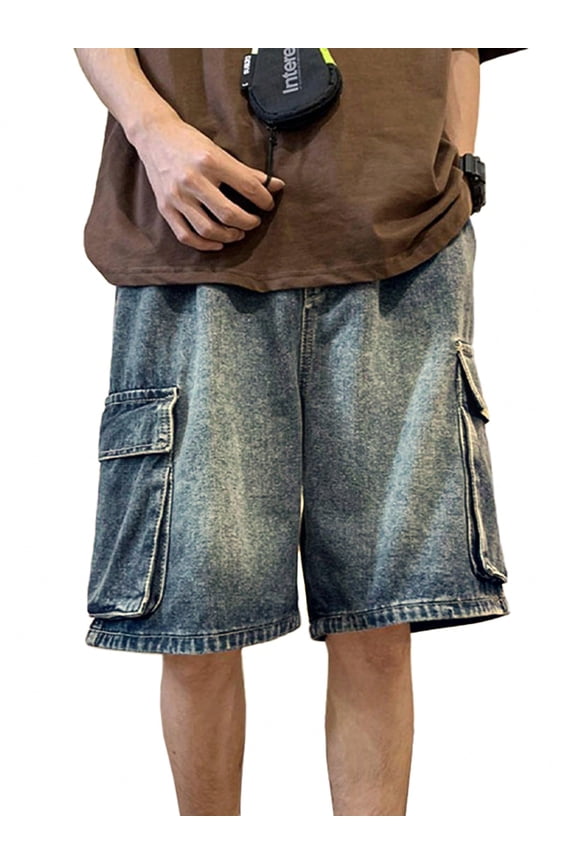 Men's Y2K Denim Shorts Mid Elastic Waist Baggy Jean Shorts Loose Fit Jorts Retro Hip Hop Shorts