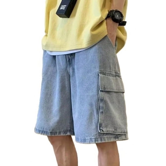 EMMIOL Men's Y2K Denim Shorts Mid Elastic Waist Baggy Jean Shorts Loose Fit Jorts Retro Hip Hop Shorts