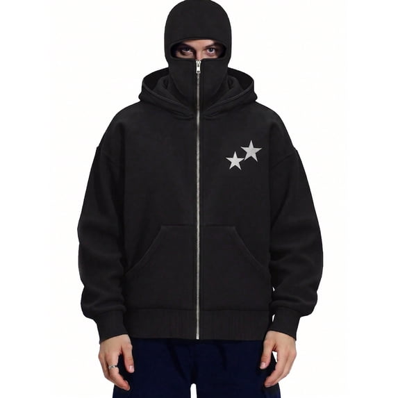 EMMIOL Men's Y2K Street Double Hat Oversized Hoodie Black Full Face Mask Zip Hoodie with Embroidery