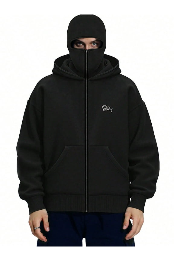 Men's Y2K Street Double Hat Oversized Hoodie Black Full Face Mask Zip Hoodie with Embroidery