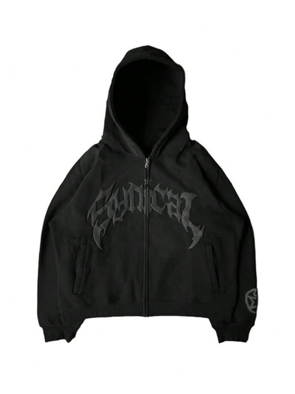 Women's and Men's Y2K Street Oversized Black Hoodie with Gothic Graphic, Roomy Hood & Side Pockets