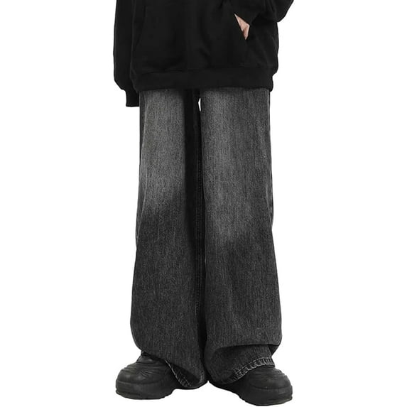 EMMIOL Men's Y2K Vintage Black Wash Wide Leg Jeans 90s Mid Rise Loose Hip Hop Denim Pants