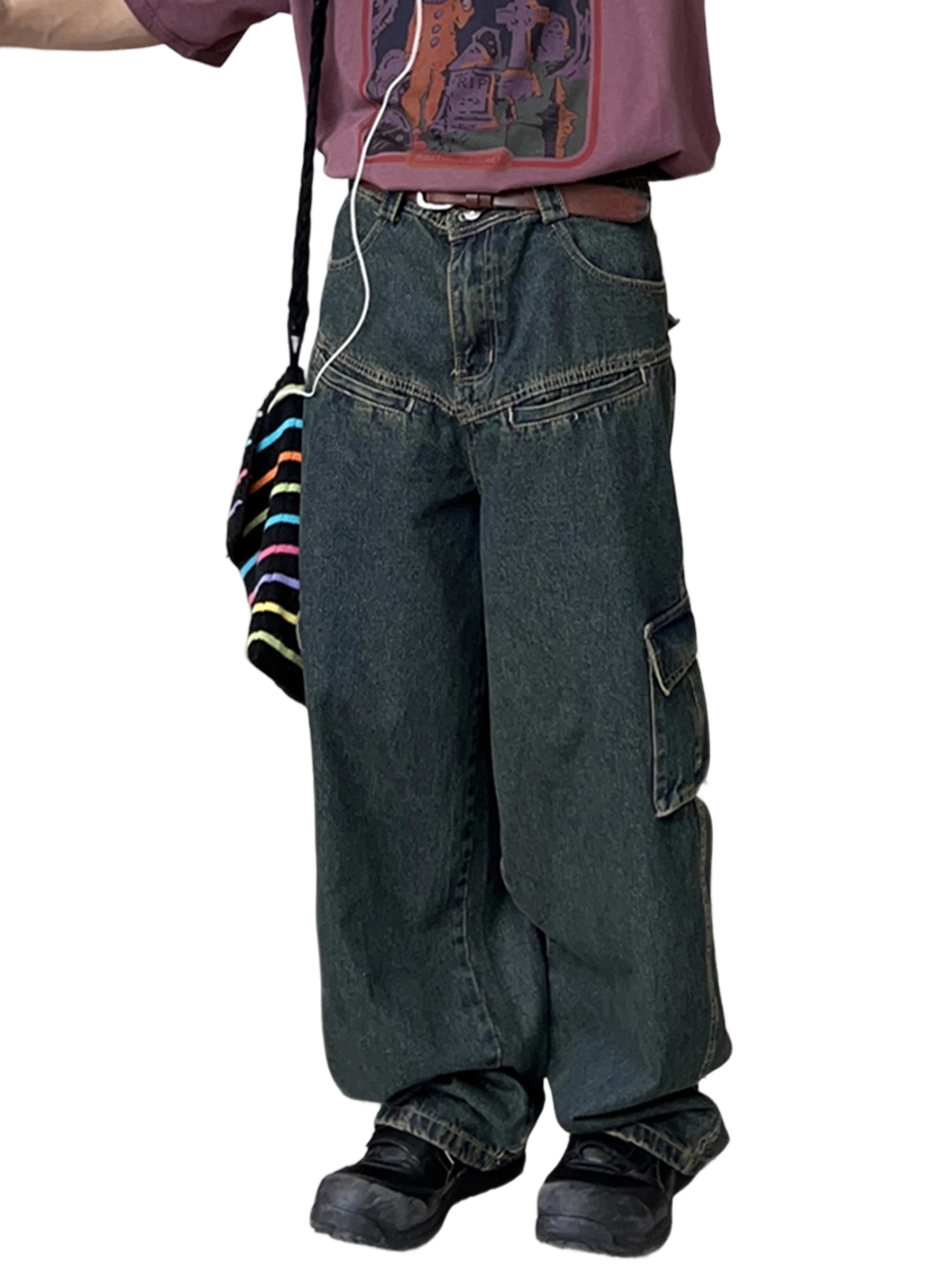 Men's Jeans Retro Sag Loose Wide Leg Casual Large Pocket Cargo