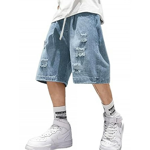 EMMIOL Men's Y2K Vintage Denim Shorts Ripped Distressed Elastic Waist Loose Fit Jean Shorts Summer Streetwear