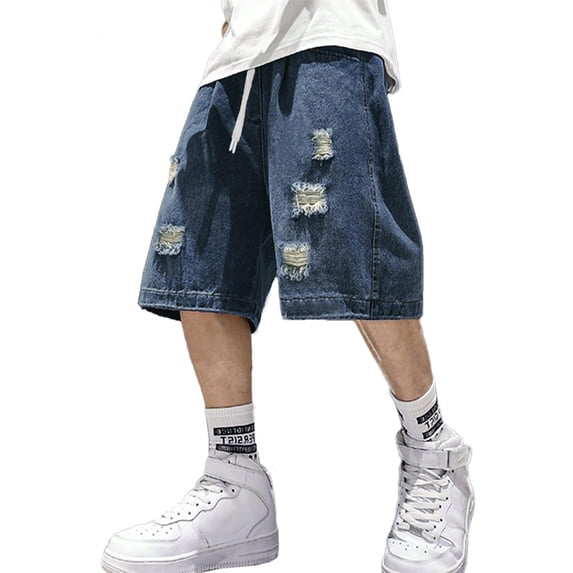 EMMIOL Men's Y2K Vintage Denim Shorts Ripped Distressed Elastic Waist Loose Fit Jean Shorts Summer Streetwear