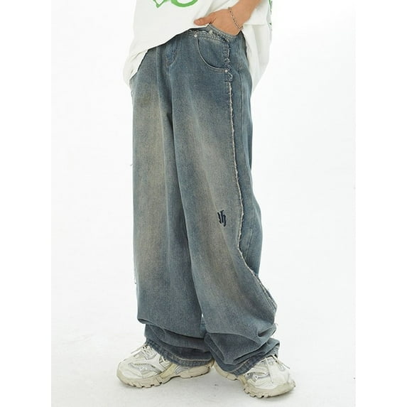 EMMIOL Men's Y2K Vintage Distressed Wide Leg Jeans 90s Mid Waist Loose Fit Hip Hop Denim Pants