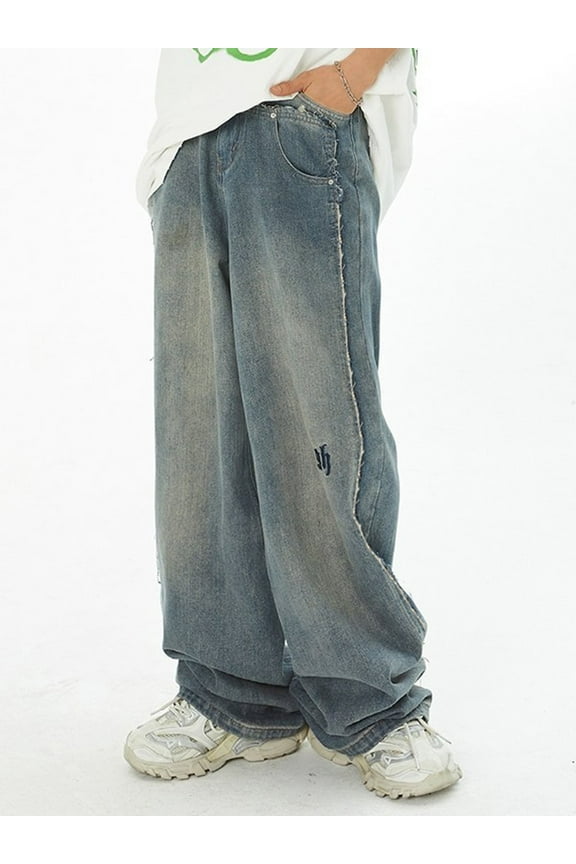Men's Y2K Vintage Distressed Wide Leg Jeans 90s Mid Waist Loose Fit Hip Hop Denim Pants