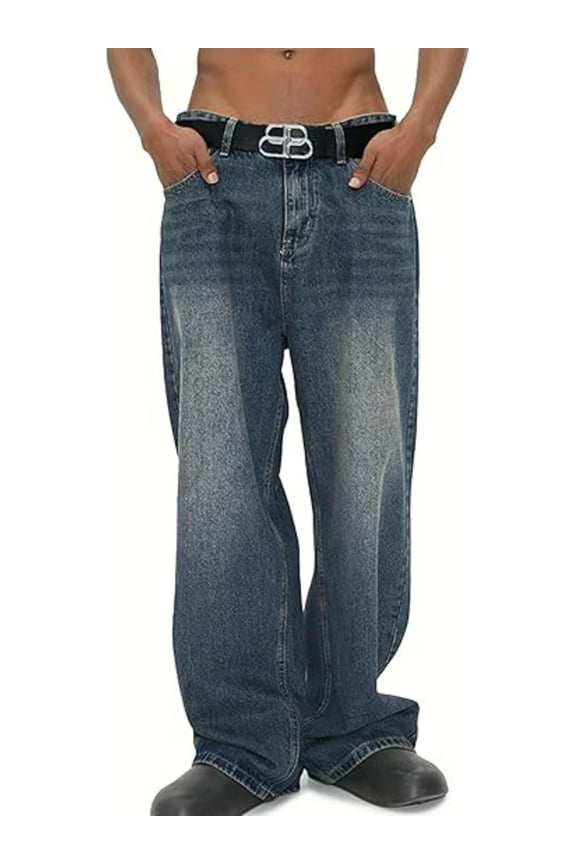 Men's Wide Leg Jeans Y2K Vintage Baggy Jeans Hip Hop Loose Fit Denim Pants 90s Streetwear