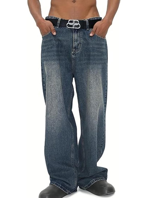Men's Wide Leg Jeans Y2K Vintage Baggy Jeans Hip Hop Loose Fit Denim Pants 90s Streetwear