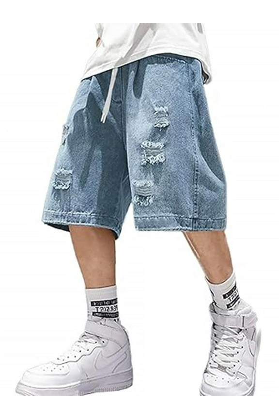 Men's Y2K Vintage Denim Shorts Ripped Distressed Elastic Waist Loose Fit Jean Shorts Summer Streetwear