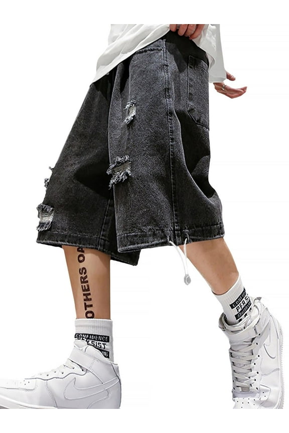 Men's Y2K Vintage Denim Shorts Ripped Distressed Elastic Waist Loose Fit Jean Shorts Summer Streetwear