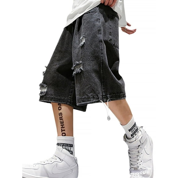 EMMIOL Men's Y2K Vintage Denim Shorts Ripped Distressed Elastic Waist Loose Fit Jean Shorts Summer Streetwear